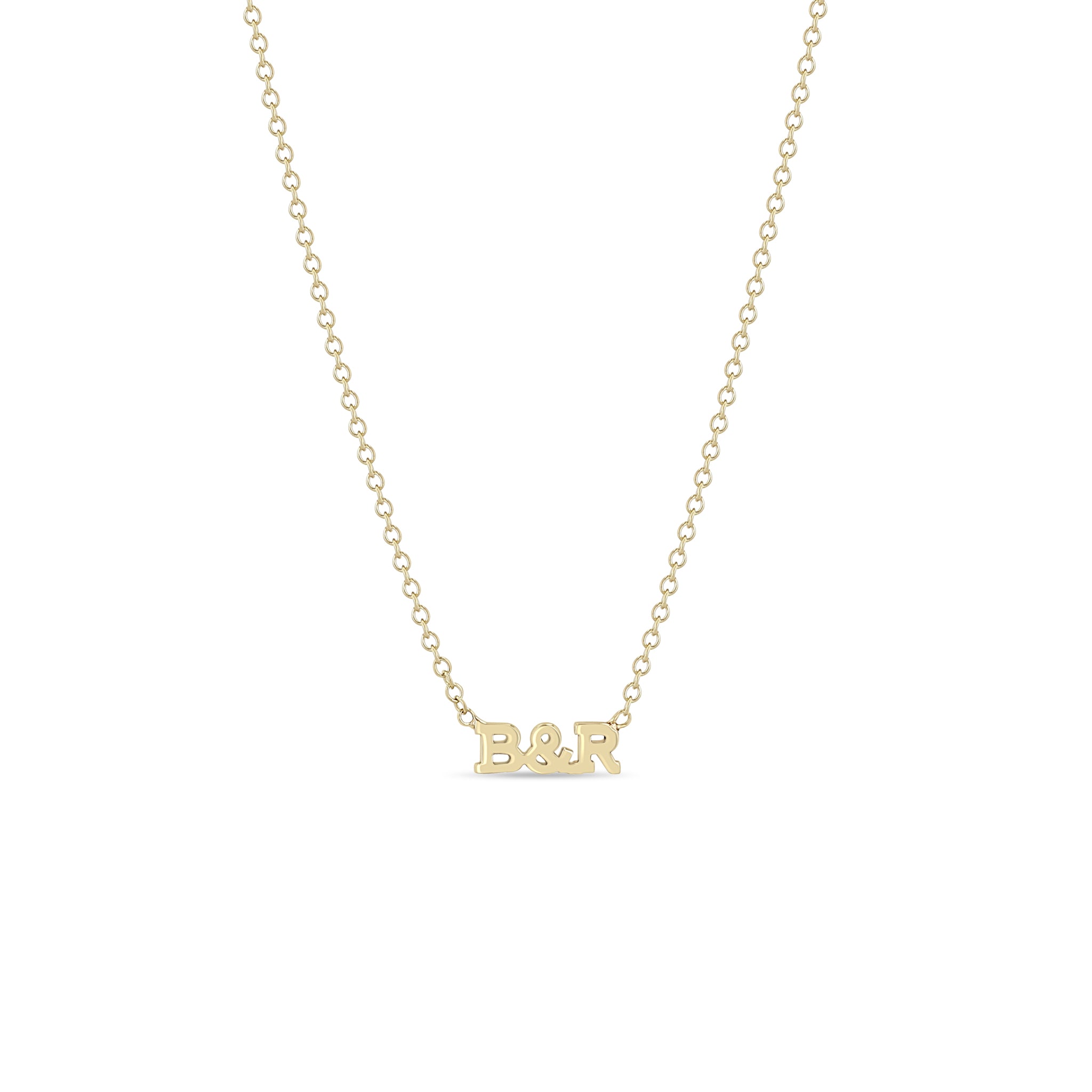 Zoe Chicco 14k gold itty bitty initial necklace showing 'B & R' on a white background