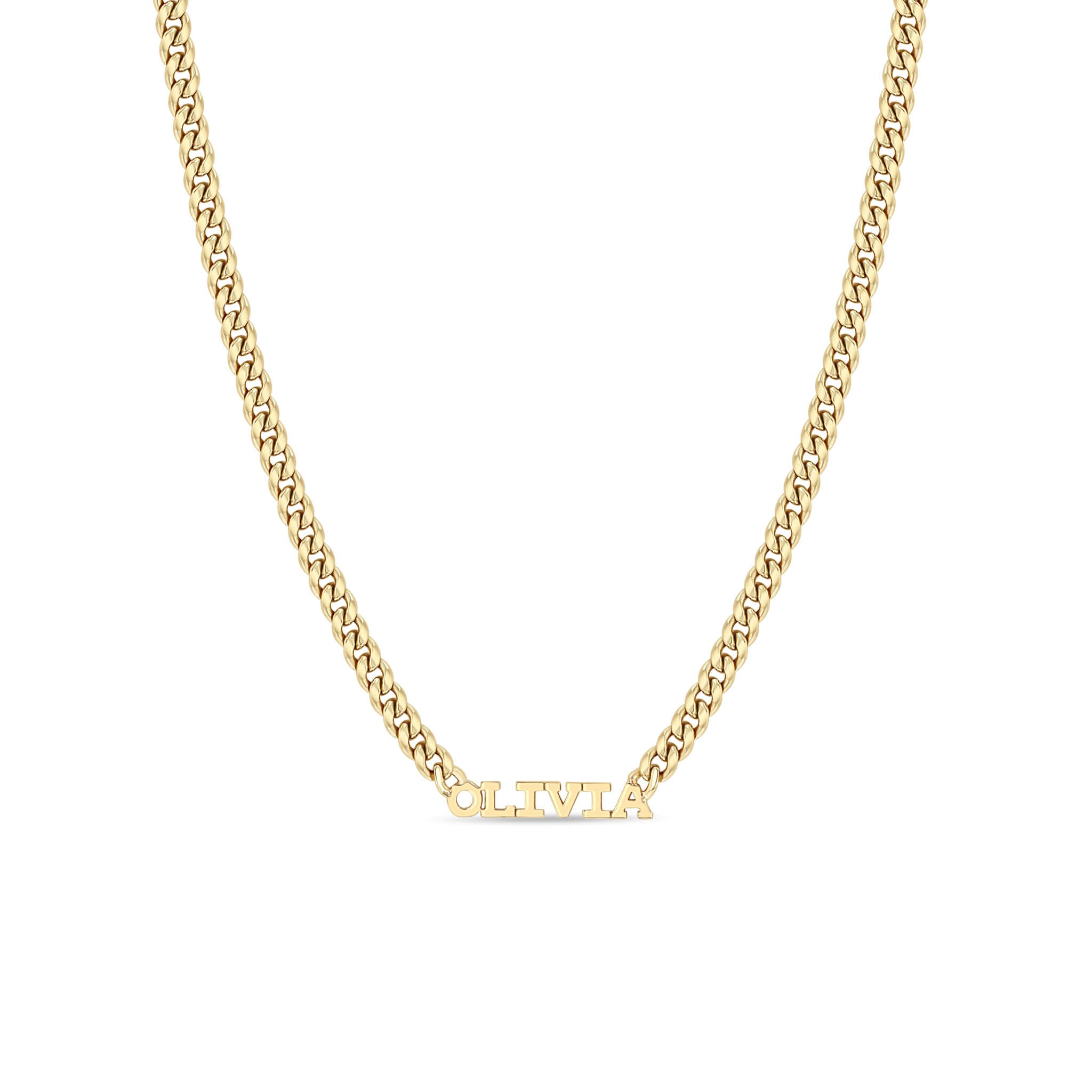Zoë Chicco 14k Gold Custom Itty Bitty Letters Curb Chain Necklace with the name OLIVIA