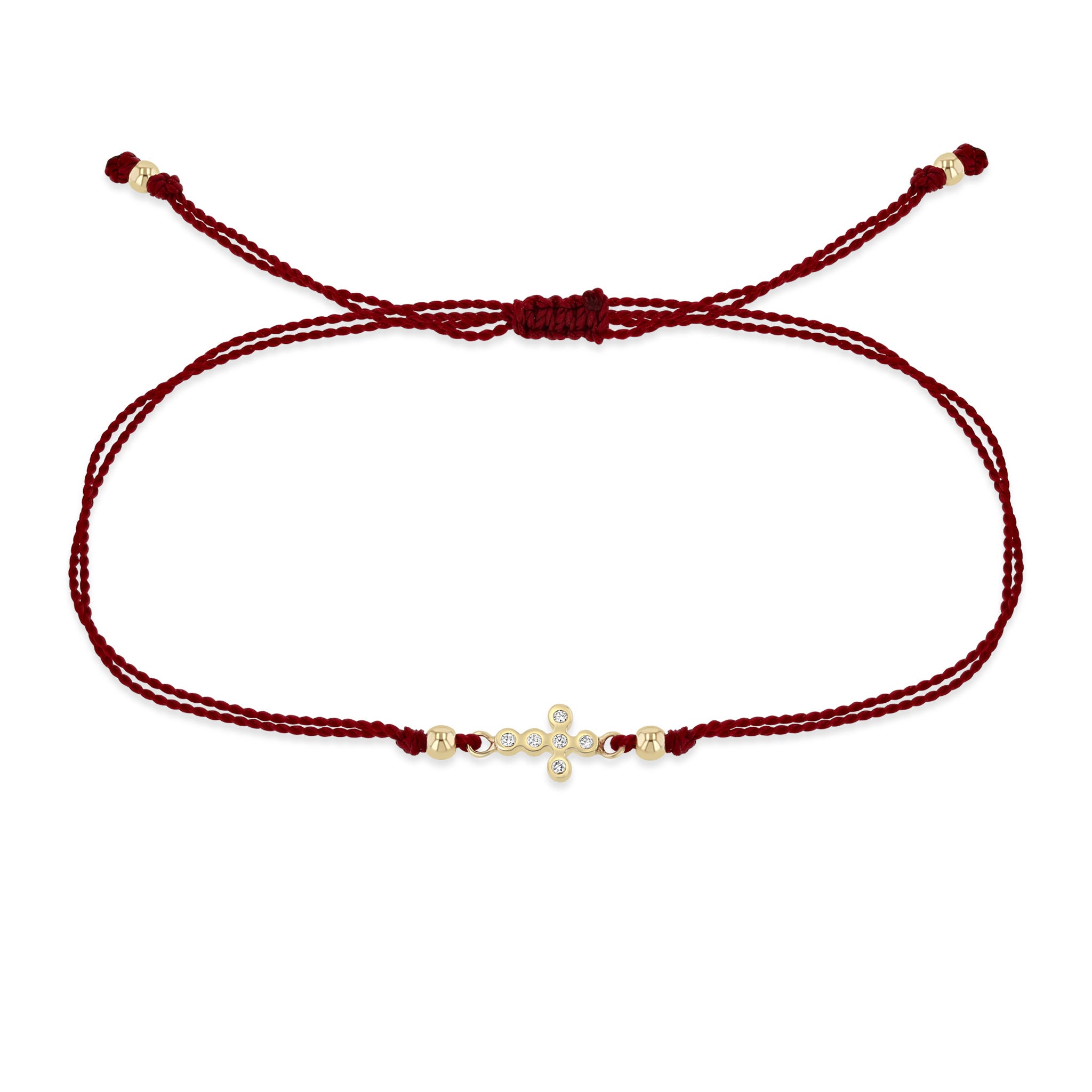 Zoë Chicco 14k Gold Small Horizontal Diamond Bezel Cross Dark Red Cord Bracelet