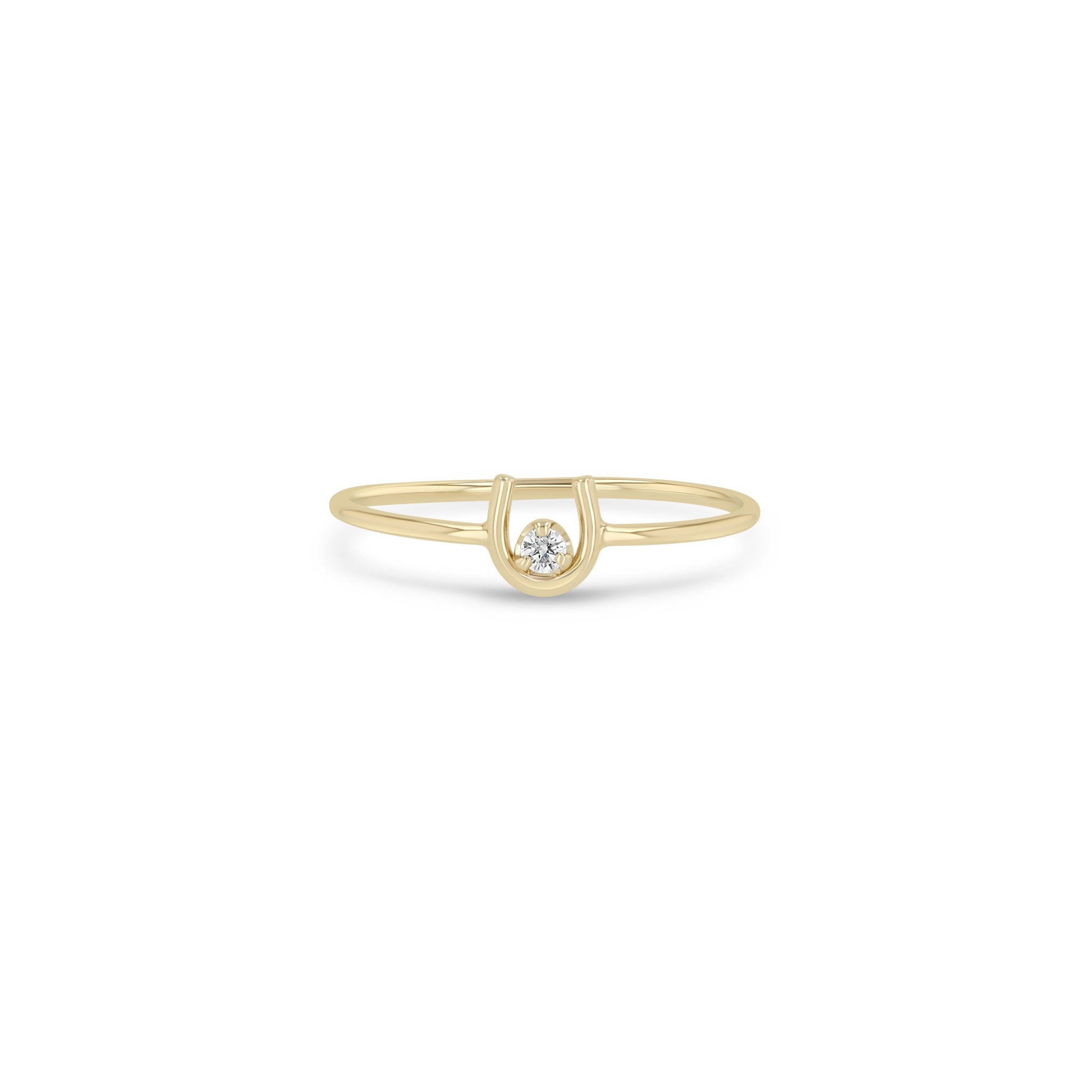 Zoe Chicco 14k gold small horseshoe ring with a small white diamond on a white background