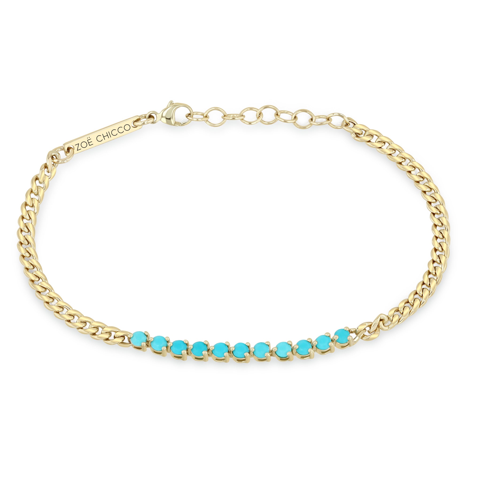 Zoe Chicco 14k gold curb chain bracelet with a segment of round prong set turquoise gemstones in the center on a white background