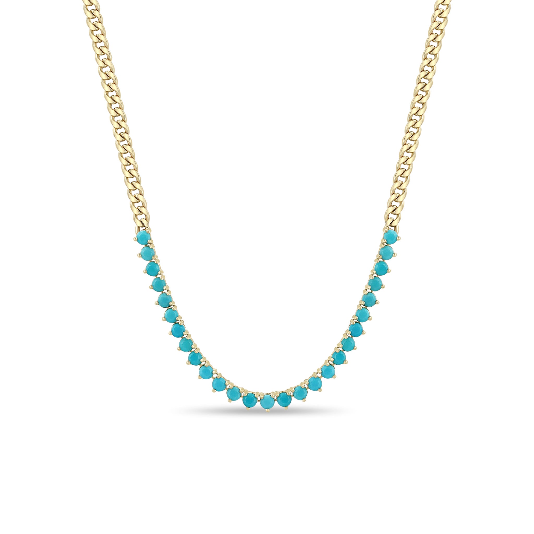 Zoe Chicco 14k gold curb chain prong set turquoise tennis necklace against a white background