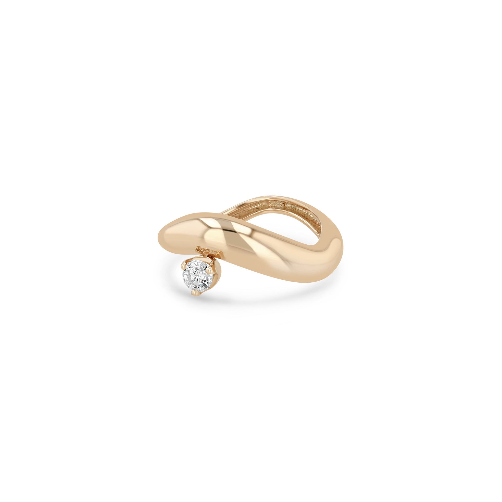 Zoe Chicco 14k rose gold wave shaped ring with a single diamond on a white background