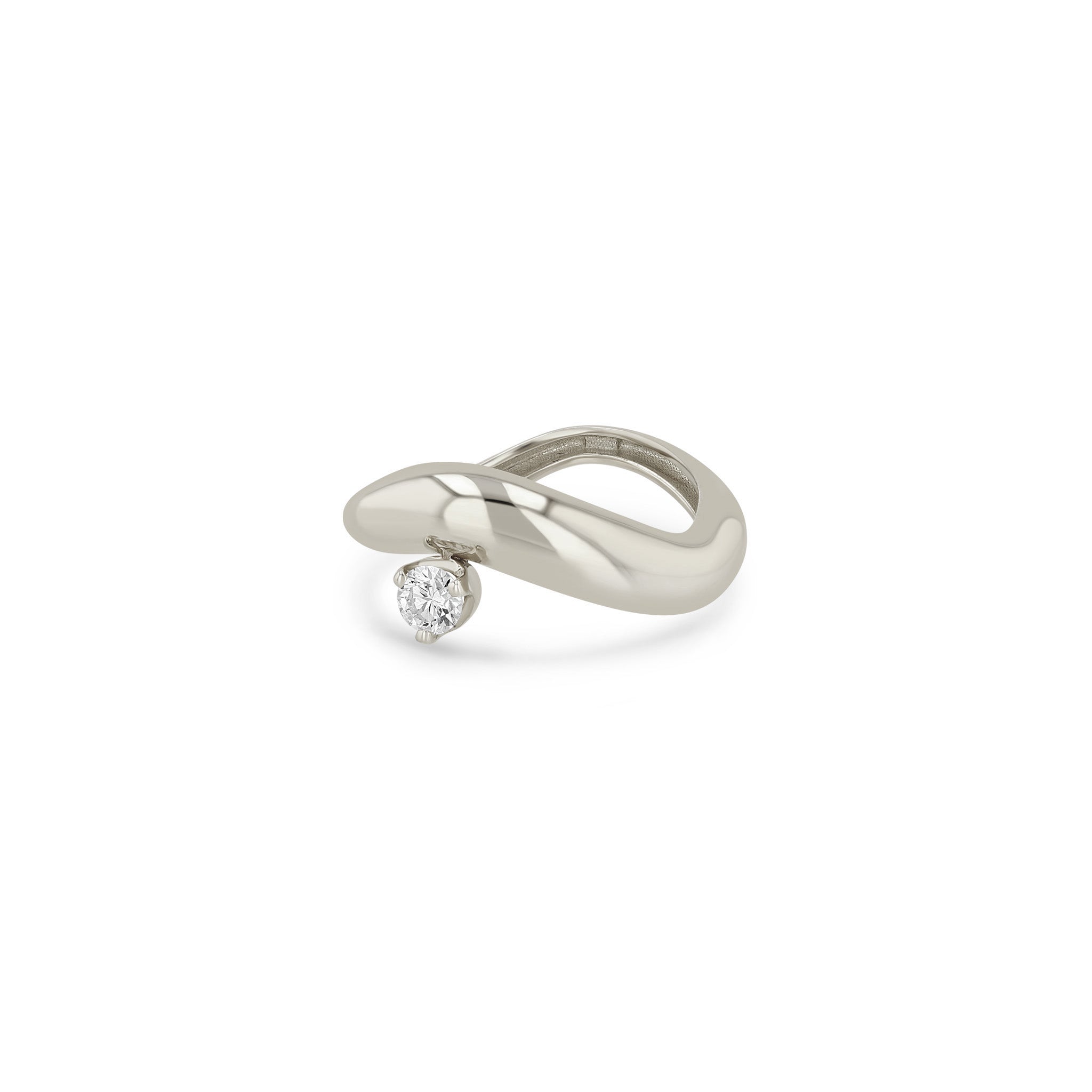 Zoe Chicco 14k white gold wave shaped ring with a single diamond on a white background