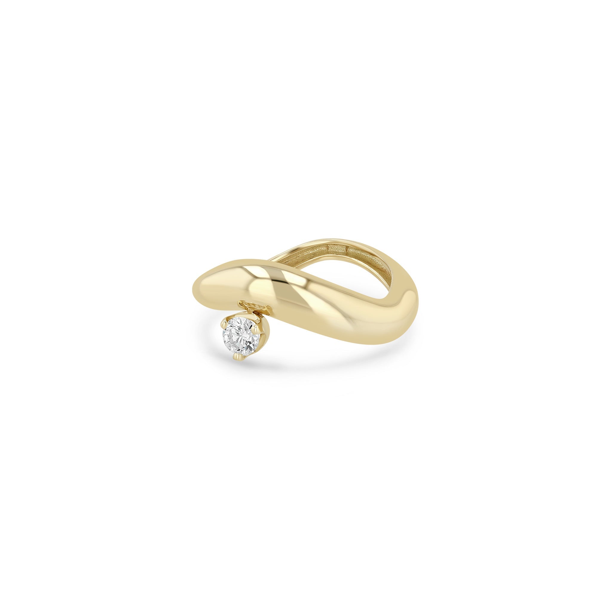 Zoe Chicco 14k gold wave shaped ring with a single diamond on a white background