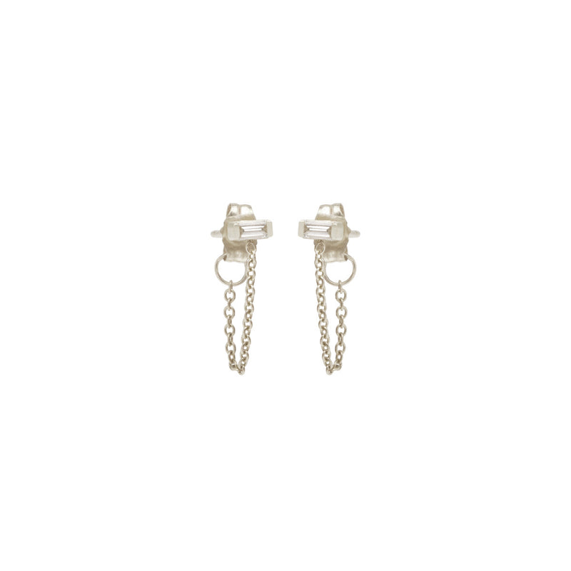 Zoë Chicco 14kt White Gold White Baguette Diamond Chain Stud Earrings