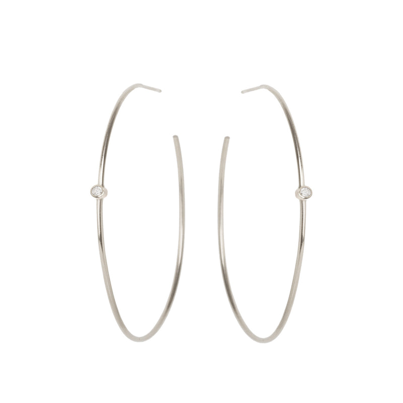 Zoë Chicco 14kt White Gold White Diamond Center Medium Thin Hoop Earrings