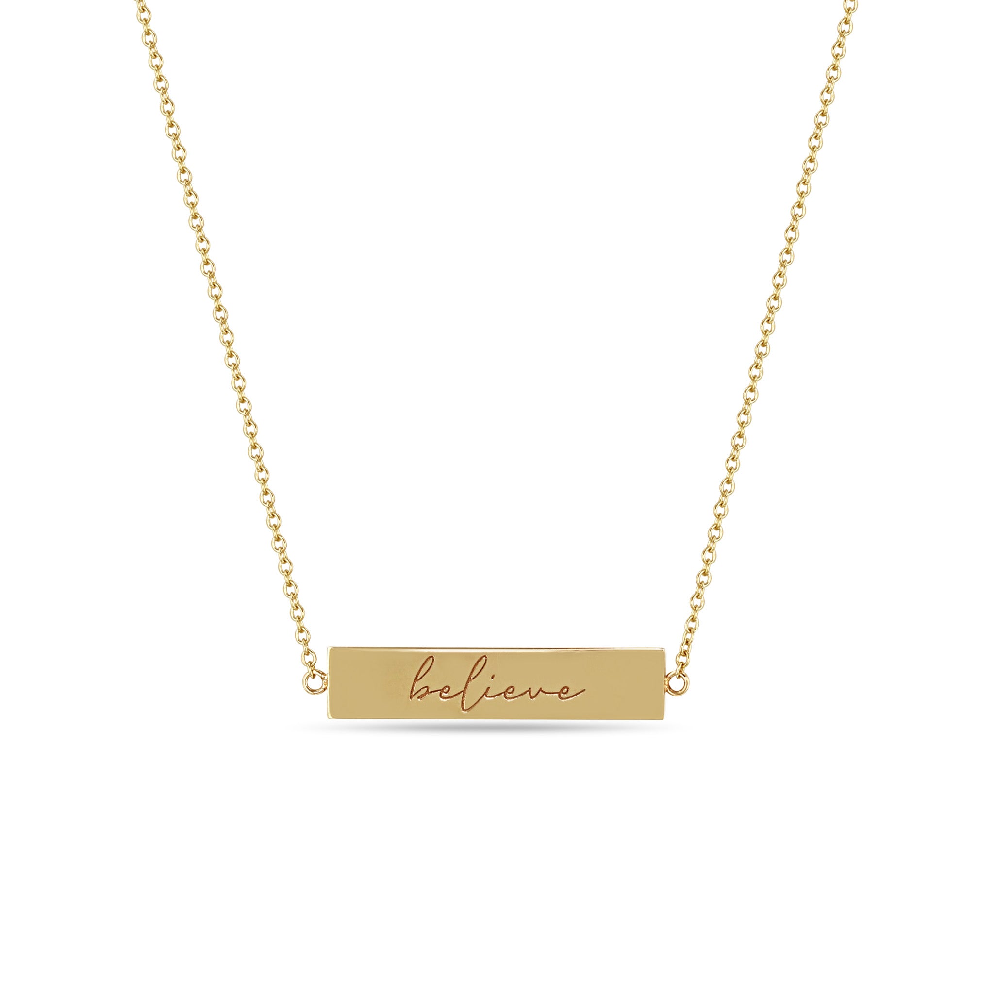 Zoë Chicco 14k Gold Double-Sided Nameplate Necklace engraved with "believe"