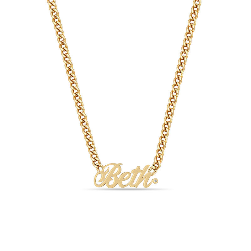 Zoë Chicco 14k Gold Script Letter Custom Name Curb Chain Necklace with Beth spelled out and a small diamond at the end of the name