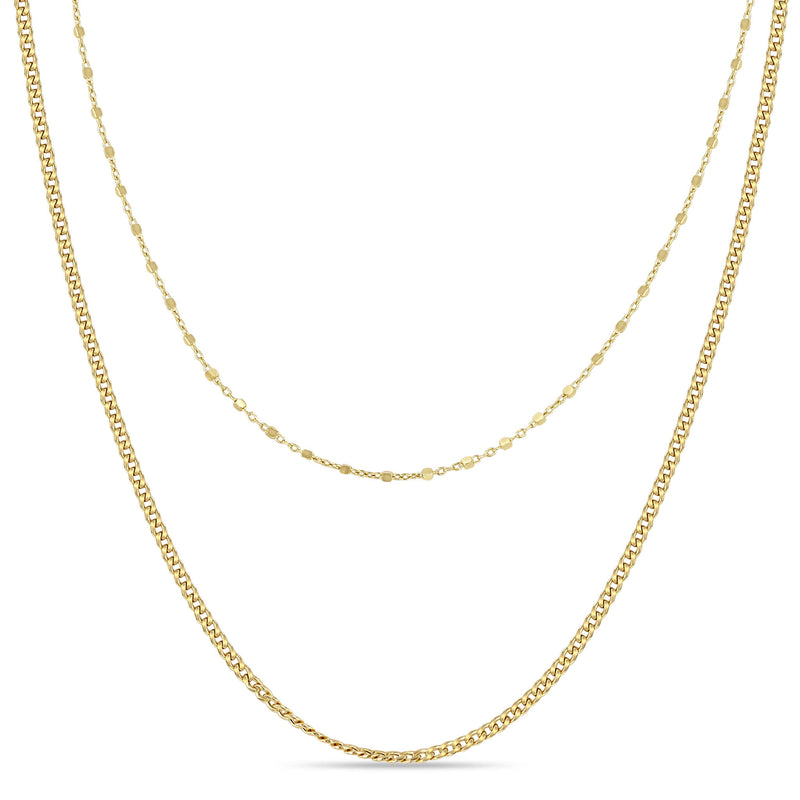 14k Gold Square Bead & XS Curb Chain Layered Necklace