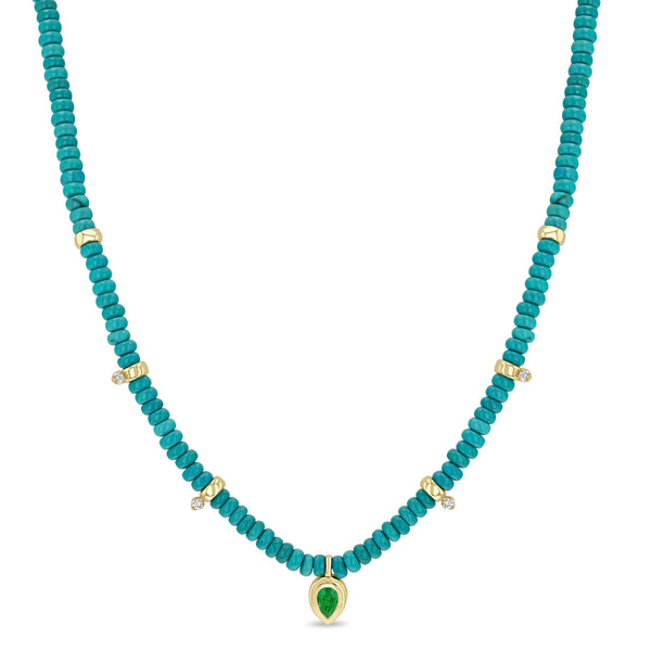 Zoë Chicco 14k Gold Diamond & Turquoise Rondelle Bead Necklace with Pear Emerald Pendant
