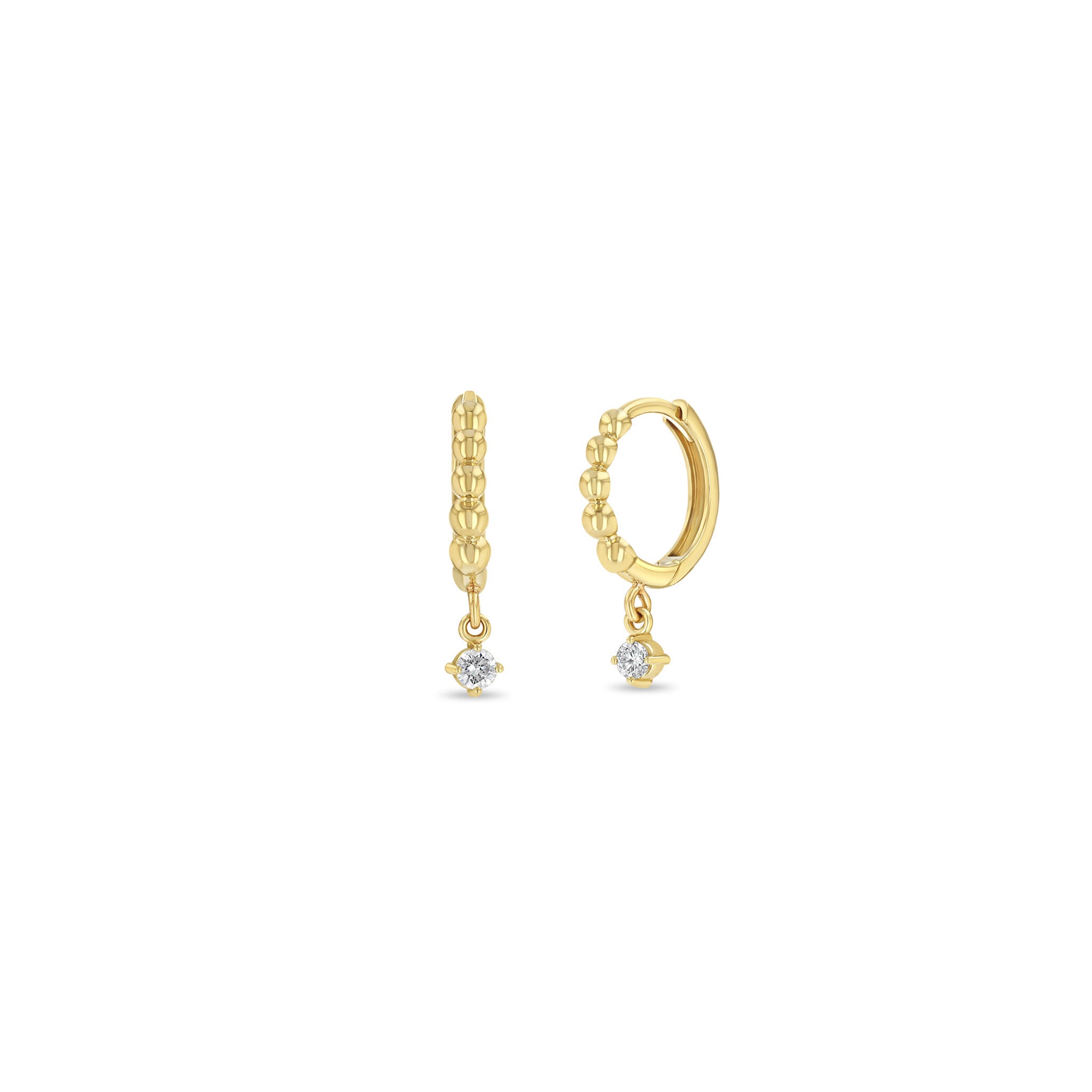 Zoë Chicco 14k Gold Beaded Hinge Huggie Hoops with Dangling Diamond