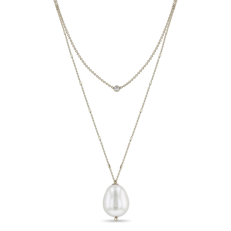 14k Floating Diamond & Large Baroque Pearl Layered Necklace