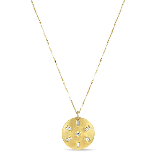 Zoë Chicco 14k Gold Baguette & Round Diamond Brushed Gold Domed Disc Necklace