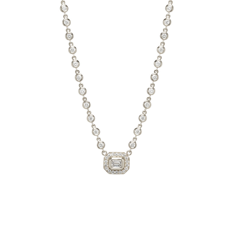 14k Emerald Cut Diamond Halo & Linked Floating Diamond Necklace