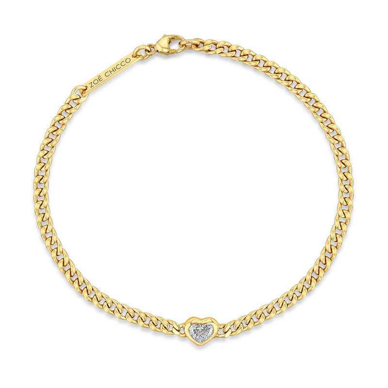Top down view of Zoë Chicco 14k Gold Floating Heart Shaped Diamond Small Curb Chain Bracelet