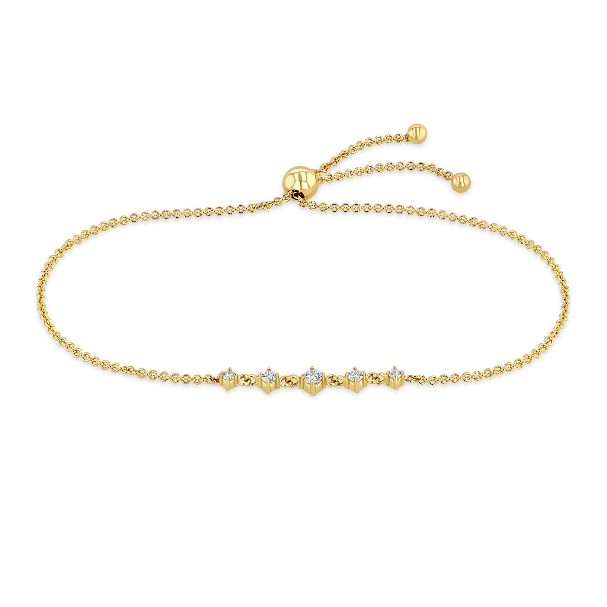 Front view of Zoë Chicco 14k Gold Linked 5 Graduating Prong Diamond Bolo Bracelet