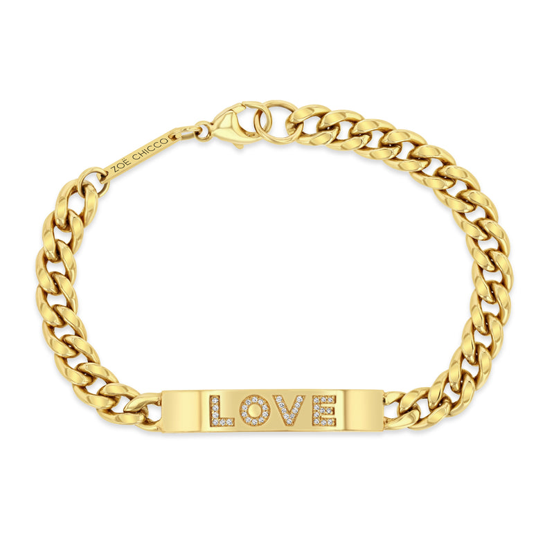 Zoë Chicco 14kt Gold Pavé Diamond LOVE Large Curb Chain ID Bracelet