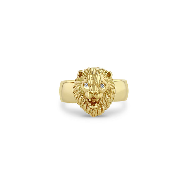 Zoë Chicco 14k Yellow Gold Lion Head with Diamond Eyes Wide Band Ring