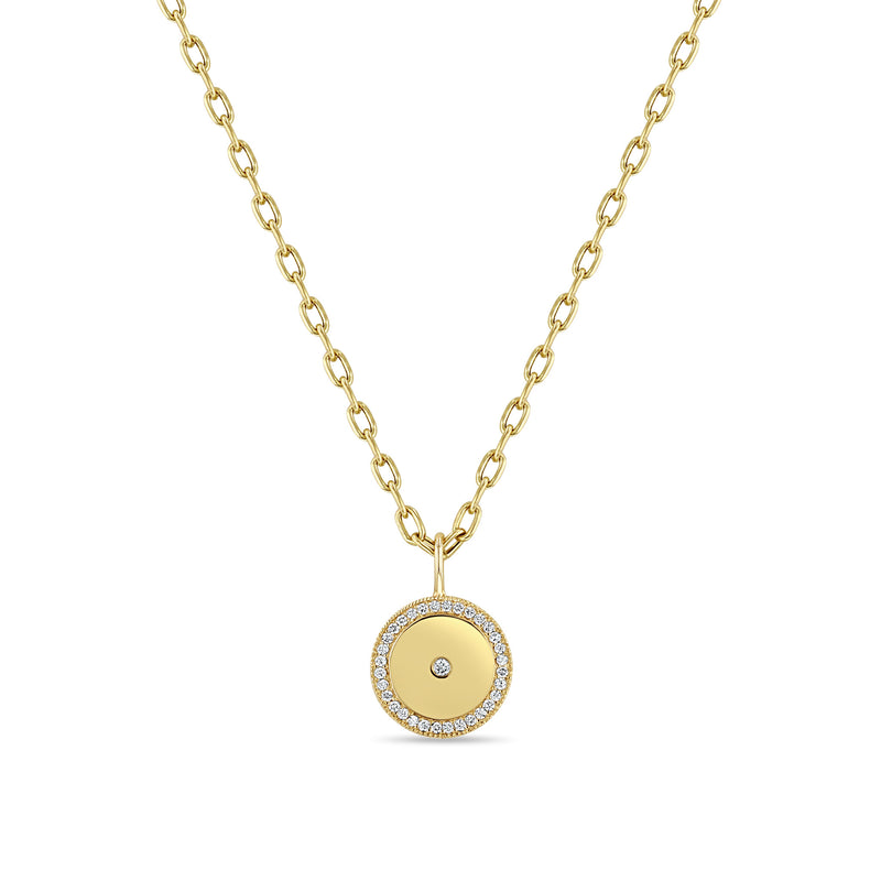 Zoë Chicco 14k Gold Medium Diamond Disc with Diamond Border Square Oval Chain Necklace