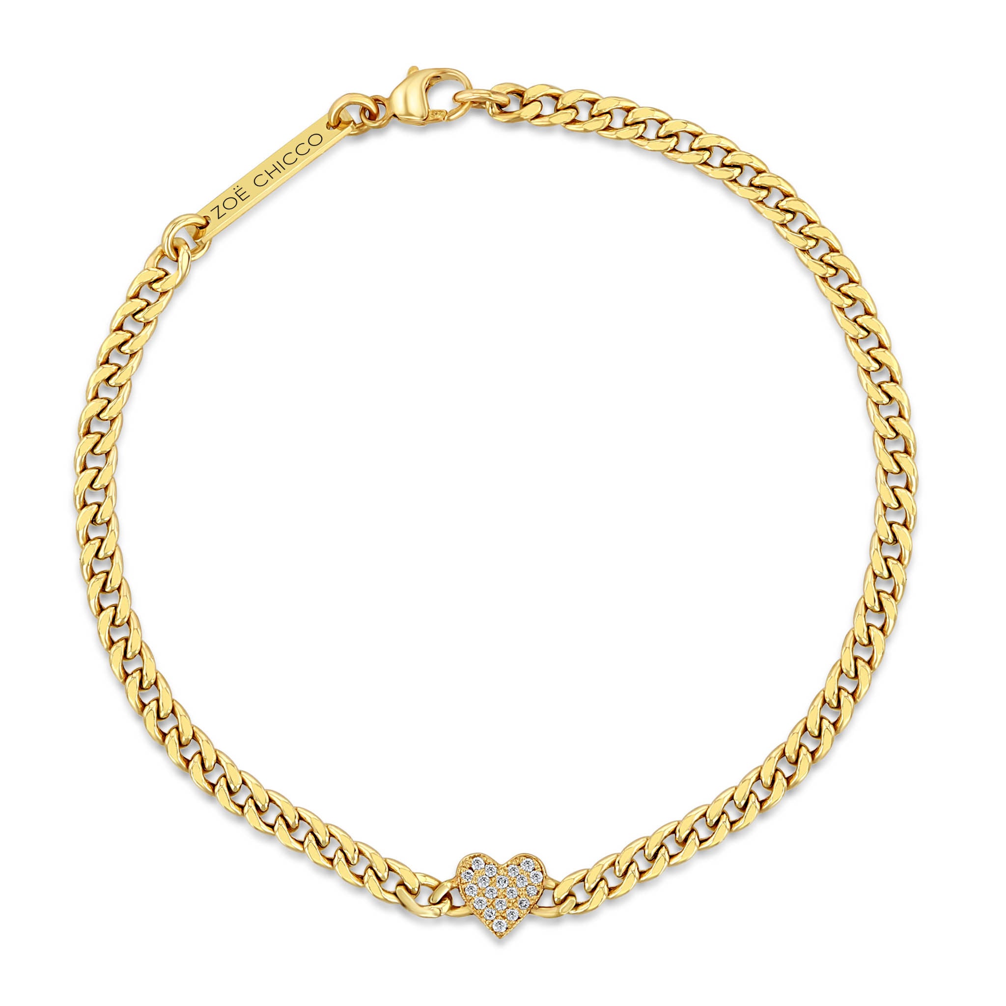 Top down view of Zoë Chicco 14k Gold Midi Bitty Pavé Diamond Heart Small Curb Chain Bracelet