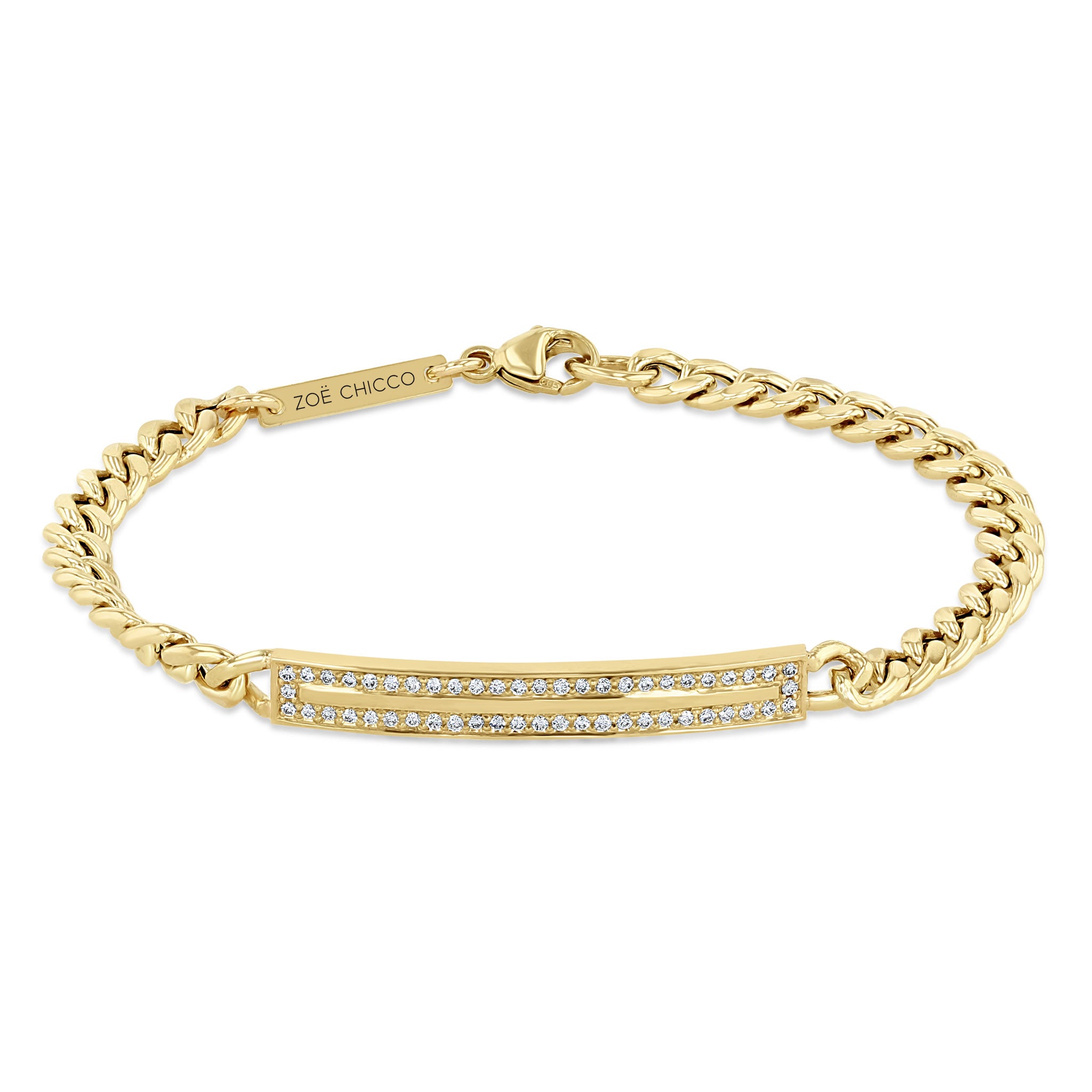 14k Pavé Diamond Border Medium Curb Chain ID Bracelet