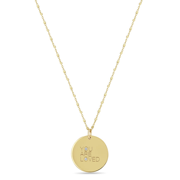 Zoë Chicco 14k Gold Medium " YOU ARE LOVED" with Diamonds Disc Pendant Square Bead Chain Necklace