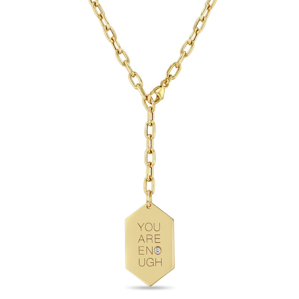 Zoë Chicco 14k Gold Medium "You are Enough" Elongated Hexagon Pendant on Adjustable Medium Square Oval Chain Necklace