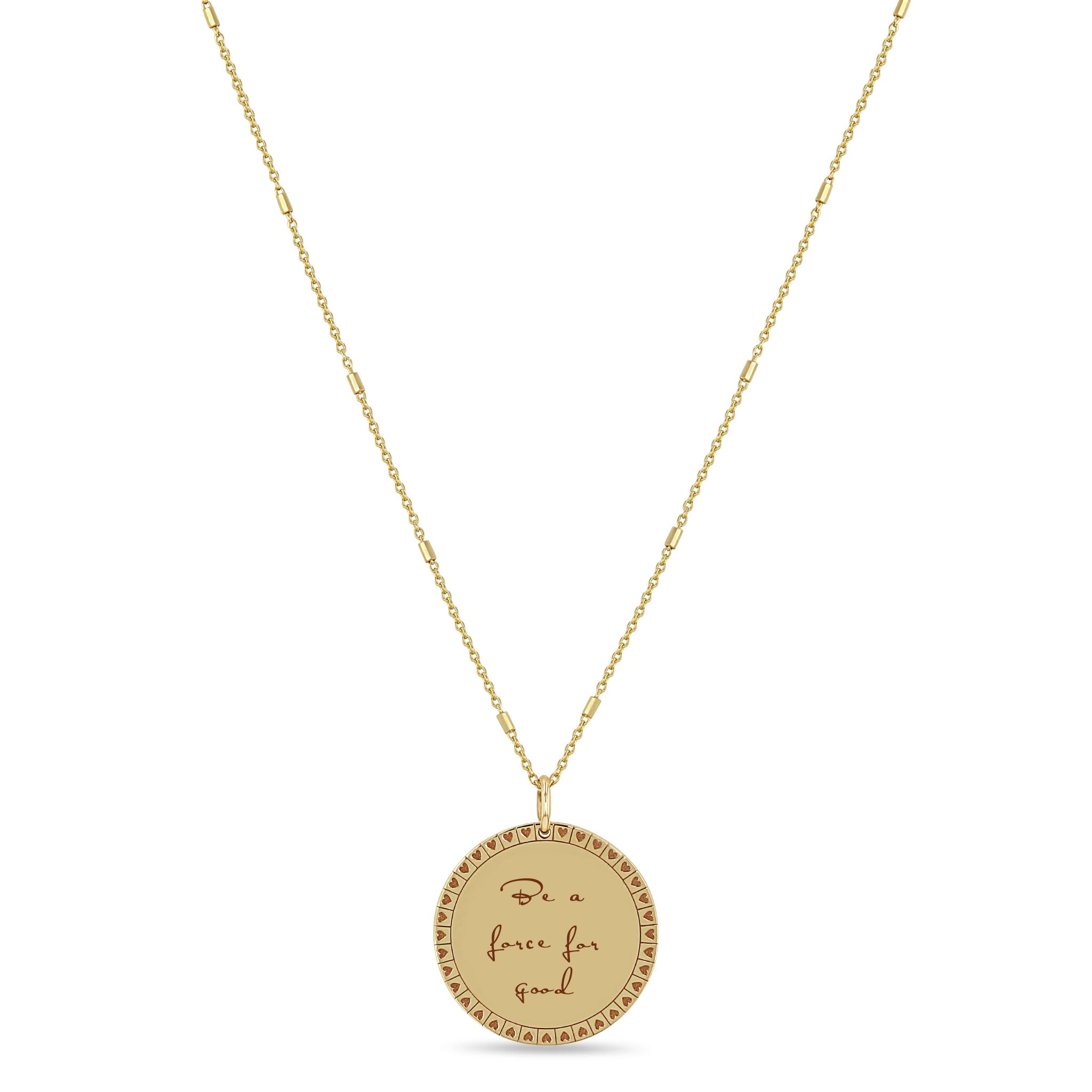 Zoë Chicco 14k Gold Medium Mantra with Heart Border Necklace engraved with "Be a force for good"