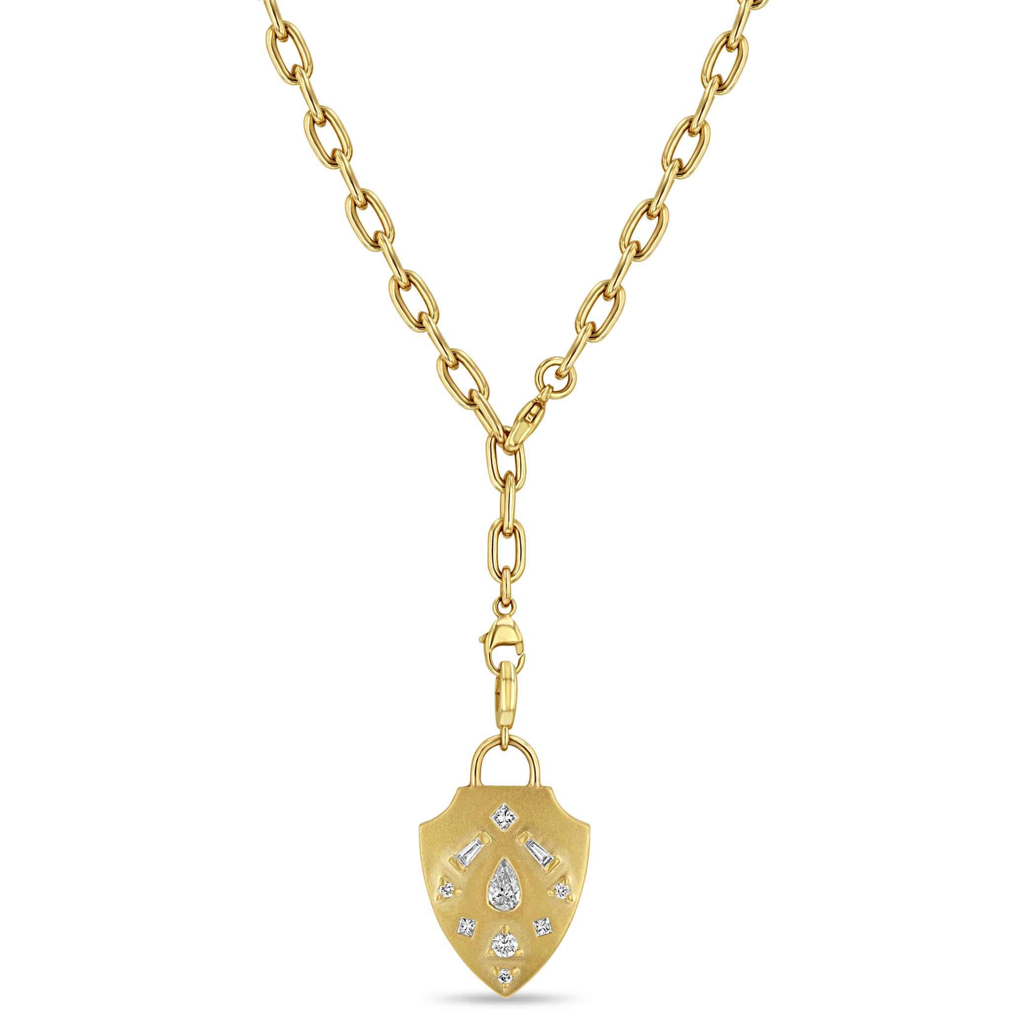 Zoë Chicco 14k Gold Diamond Mosaic Brushed Gold Shield Adjustable Chain Necklace
