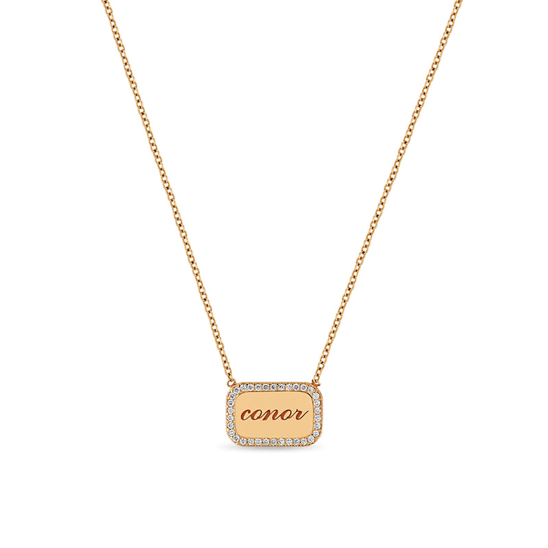 Zoë Chicco 14kt Gold Personalized Rounded Rectangle Diamond Border Nameplate Necklace