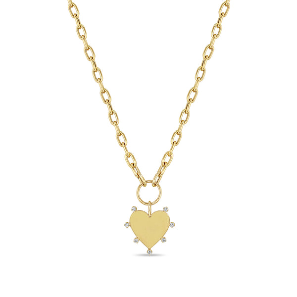 Zoë Chicco 14k Gold 7 Prong Diamond Heart Pendant on Medium Square Oval Link Chain