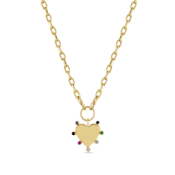 Zoë Chicco 14k Gold 7 Rainbow Gemstones Heart Pendant on Medium Square Oval Chain Necklace