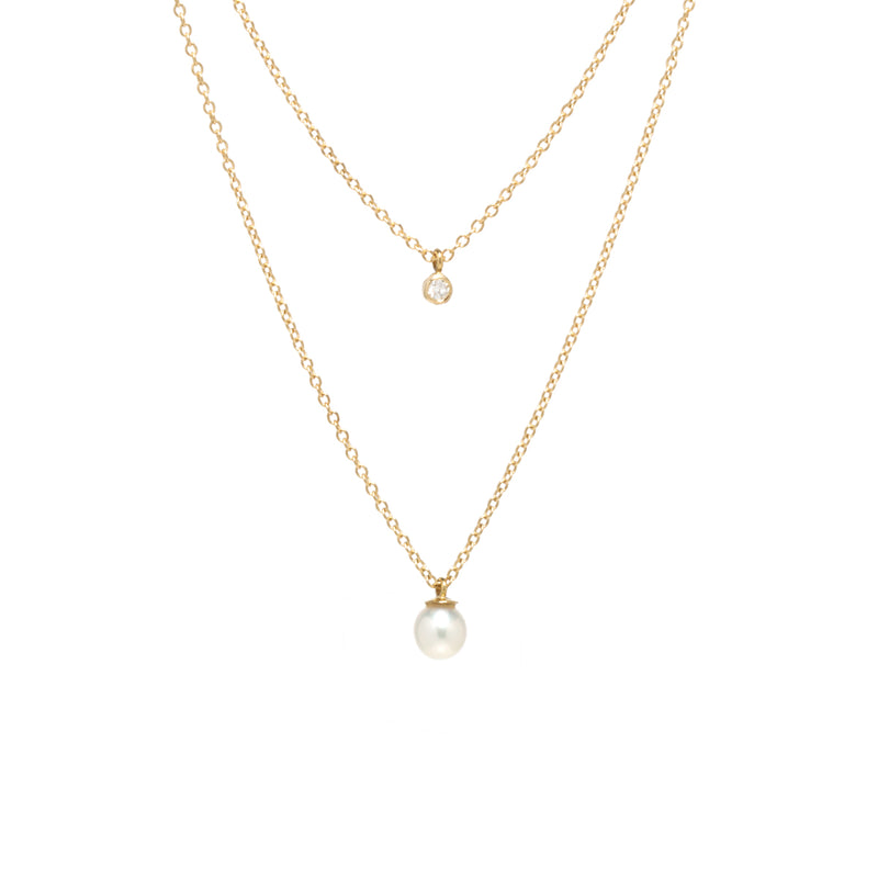 Zoë Chicco 14kt Gold Diamond Bezel & Pearl Layered Chain Necklace