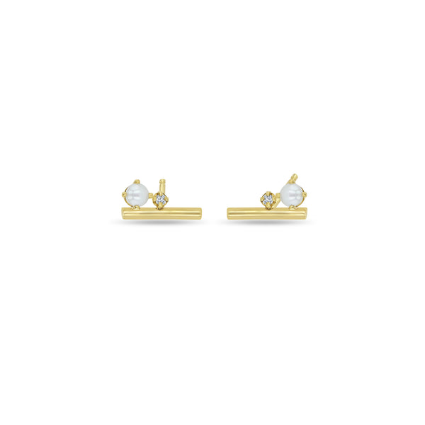 Zoë Chicco 14k Gold Pearl & Prong Diamonds Round Bar Stud Earrings