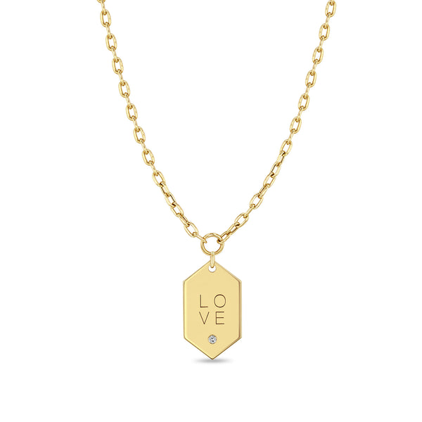 Zoë Chicco 14k Gold Small "Love" Elongated Hexagon Pendant on Small Square Oval Chain Necklace
