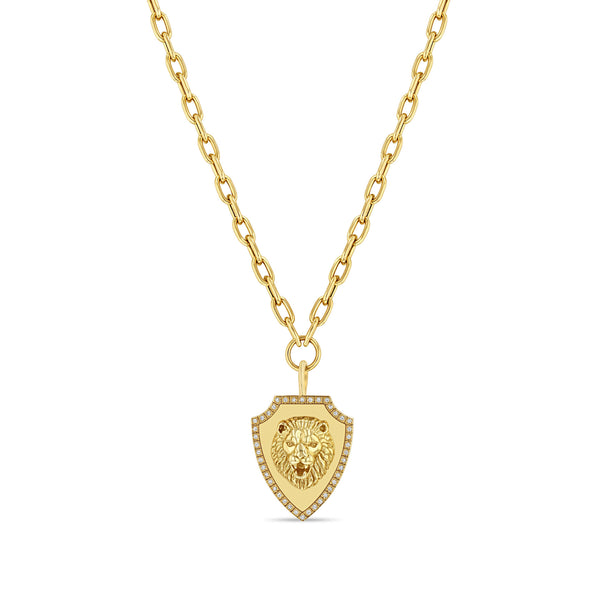 Zoë Chicco 14k Gold Lion Head Pavé Diamond Border Shield Medium Square Oval Chain Necklace