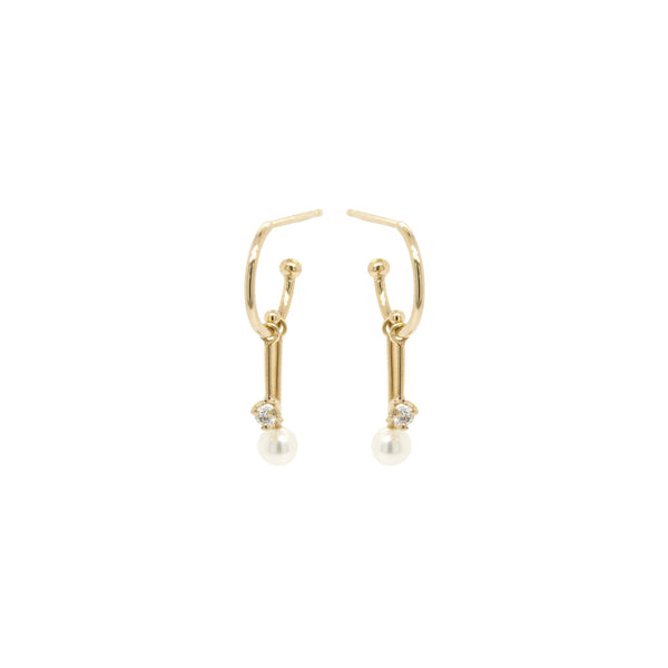 Zoë Chicco 14kt Gold Dangling Diamond & Tiny Pearl Bar Huggie Hoops