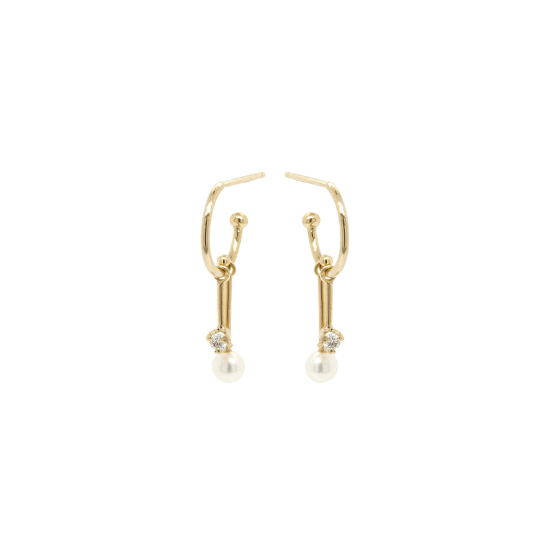 Zoë Chicco 14kt Gold Dangling Diamond & Tiny Pearl Bar Huggie Hoops