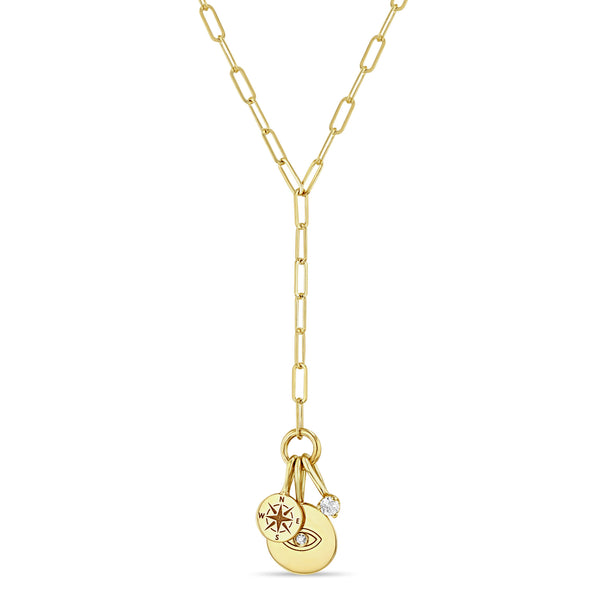 Zoë Chicco 14k Gold Small Paperclip Chain Lariat with Evil Eye Disc, Compass & Diamond Charms