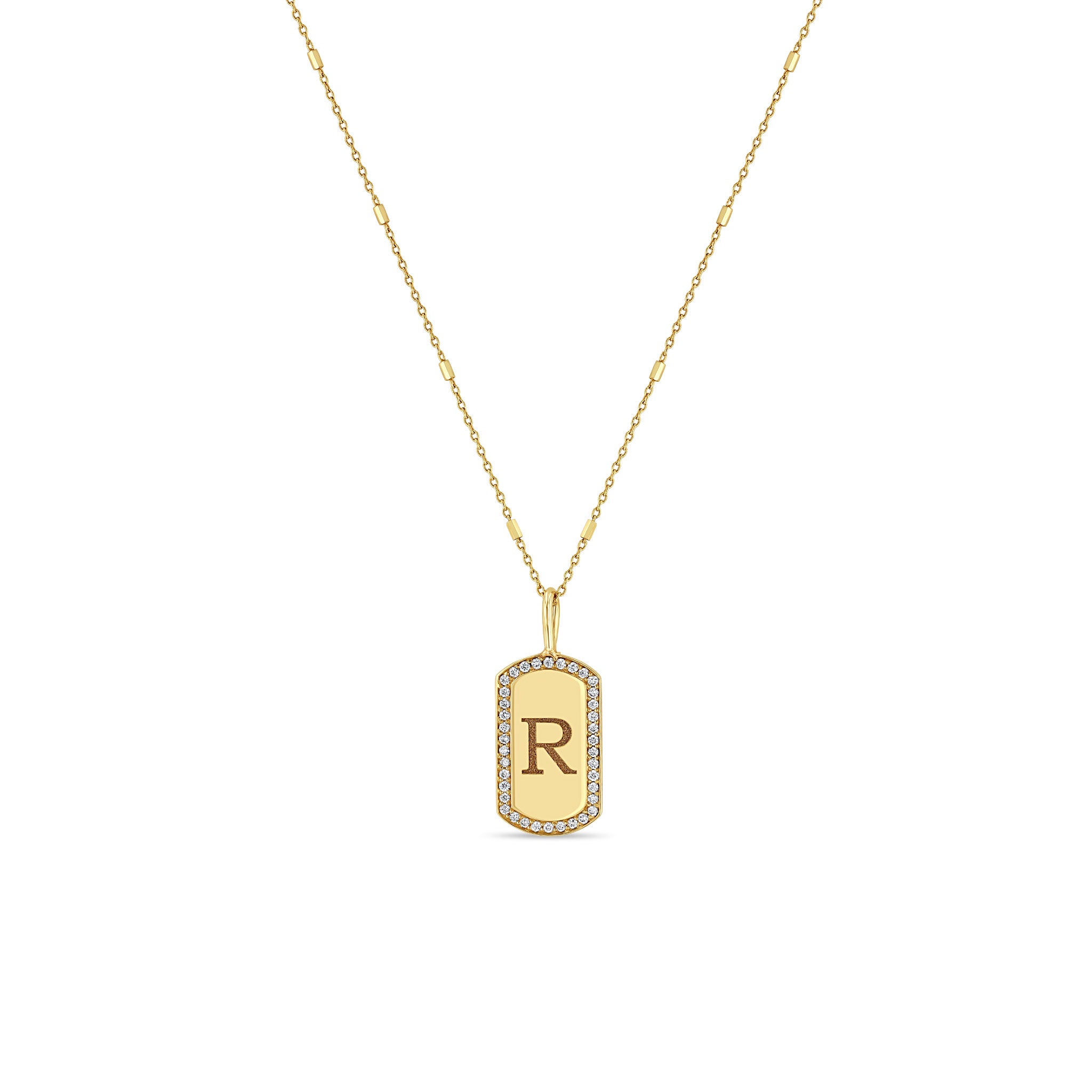 Zoë Chicco 14k Gold Engraved Initial X-Small Pavé Diamond Dog Tag Necklace
