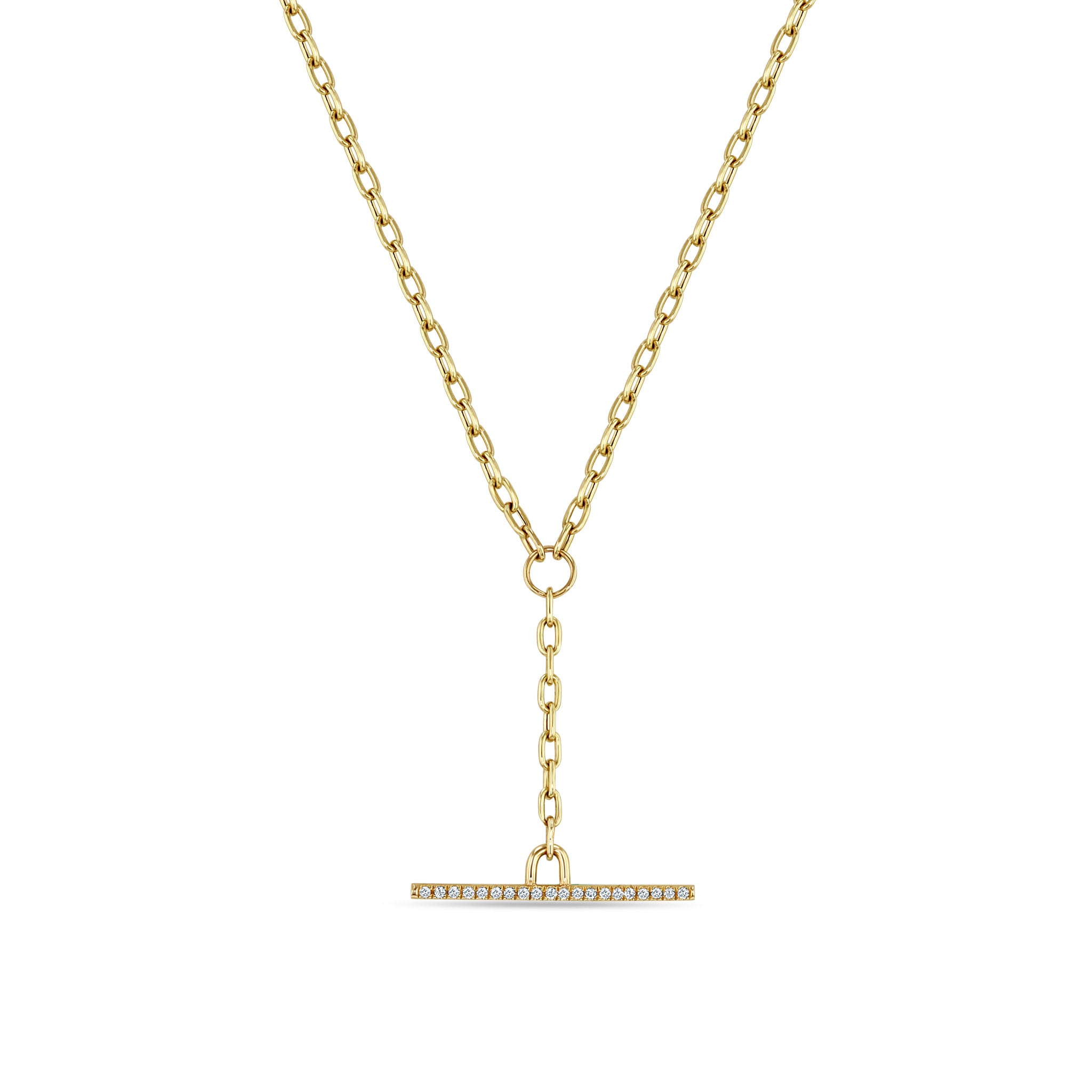 Zoë Chicco 14k Gold Small Square Oval Chain Pavé Diamond Faux Toggle Lariat Necklace