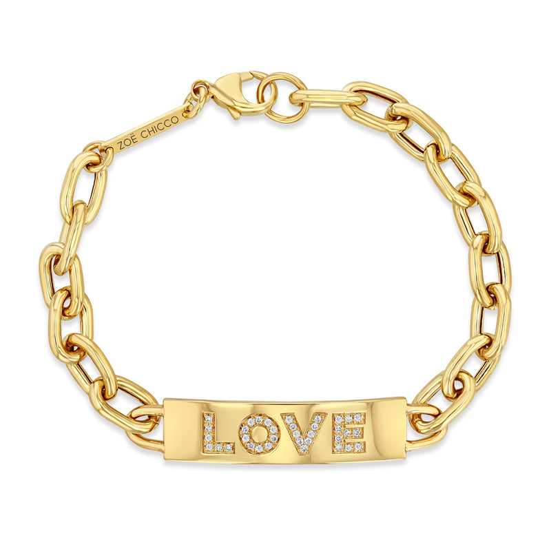 top down view of a Zoë Chicco 14k Gold Pavé Diamond LOVE XL Square Oval Chain ID Bracelet