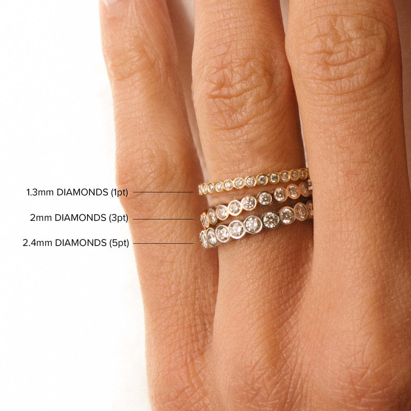 comparison image of Zoe Chicco 14k gold diamond bezel eternity band rings stacked together on a finger against a white background