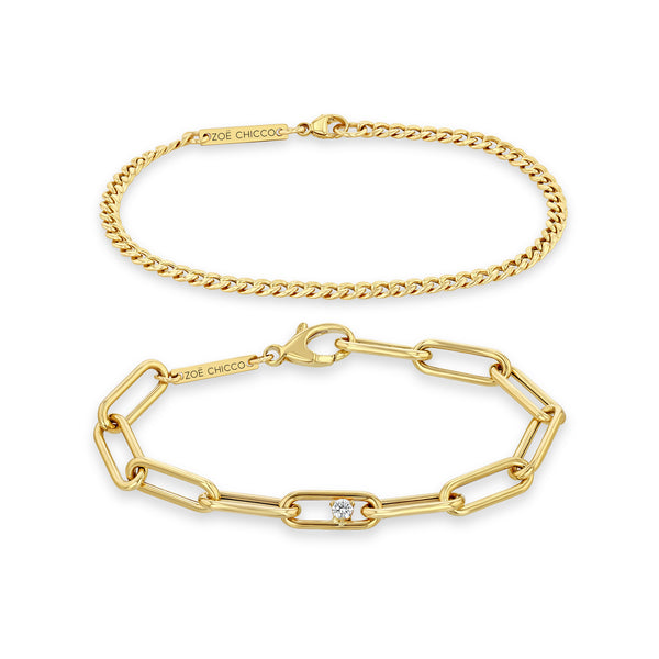 14k Small Curb Chain and Prong Diamond Paperclip Chain Bracelet Set