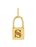 Zoe Chicco 14k gold small padlock-shaped charm pendant with a letter 'S' on a transparent background