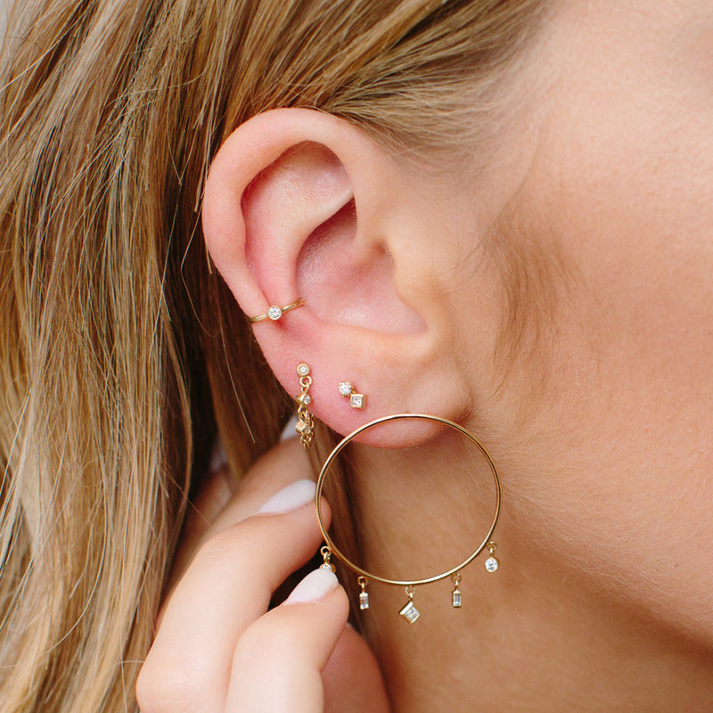 14k Large Circle Earrings with Mixed Dangling Diamonds 