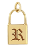 Zoe Chicco 14k gold padlock-shaped charm with an old english letter 'R' on a transparent background