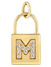 Zoe Chicco 14k gold padlock charm with letter 'M' and small diamonds on a transparent background