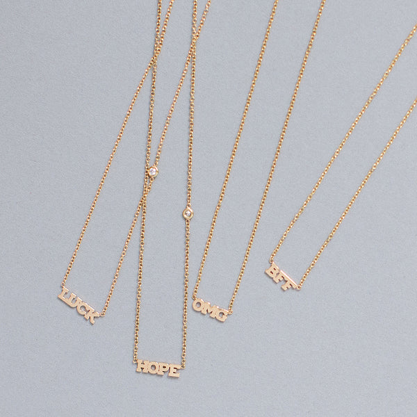 14k itty bitty LUCK necklace with floating diamond - SALE